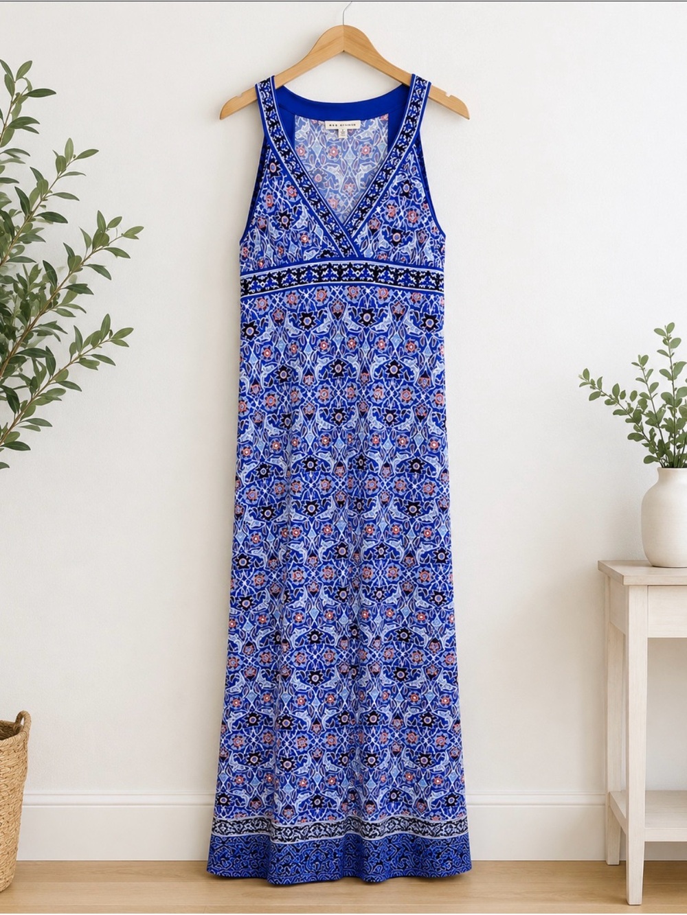 MAX STUDIO Sleeveless Maxi Dress, Blue-Black-Red-White, Sleeveless, Small.